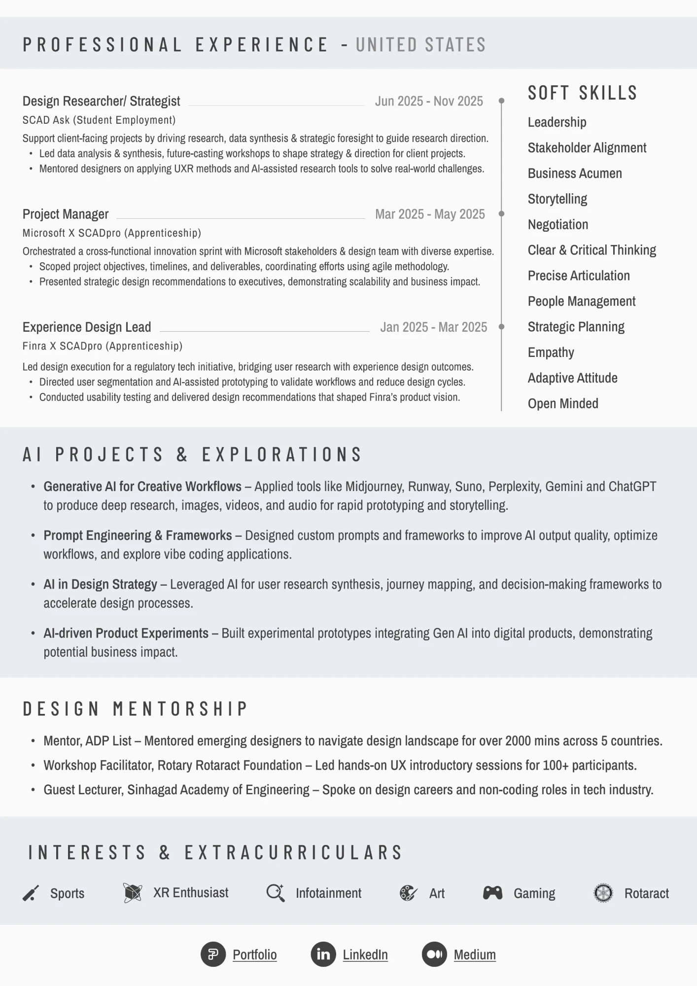 CV page 2: professional experience, soft skills, AI projects, mentorship, interests