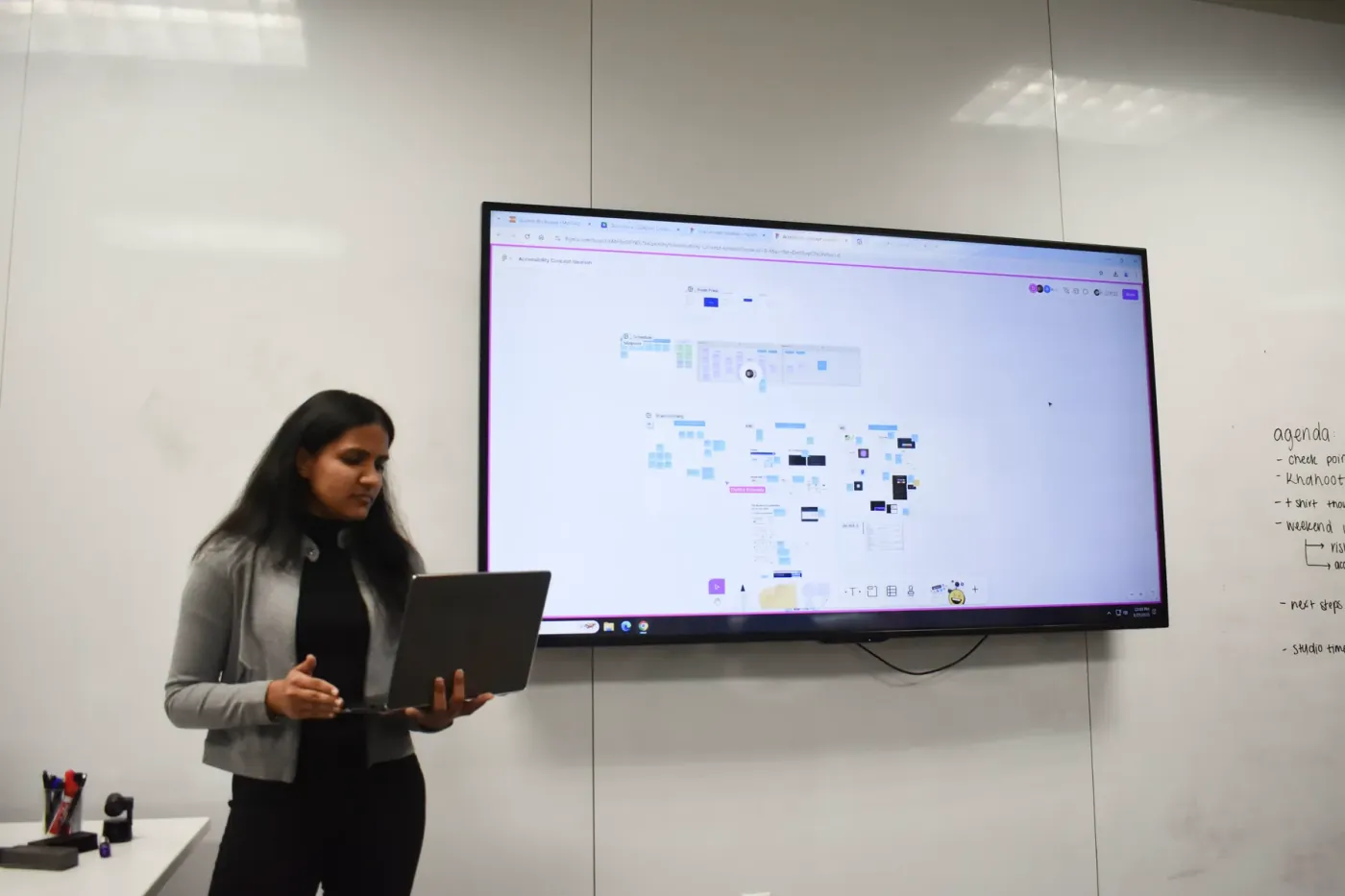 A designer presenting research synthesis on a large screen