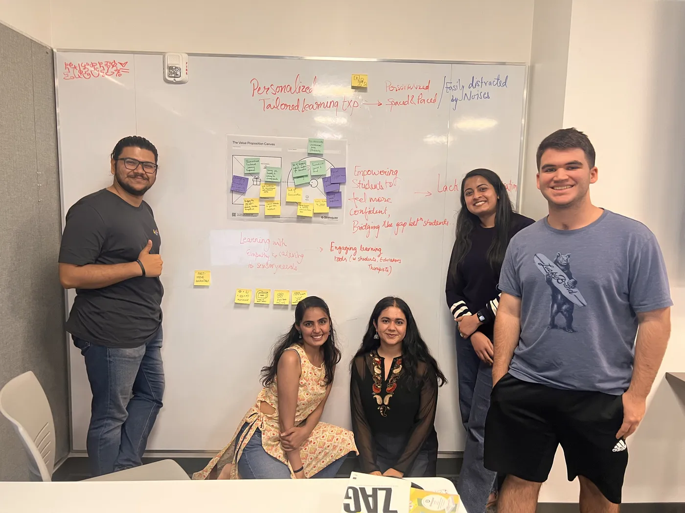 Team Comet in front of a whiteboard holding their value proposition canvas, covered in sticky notes